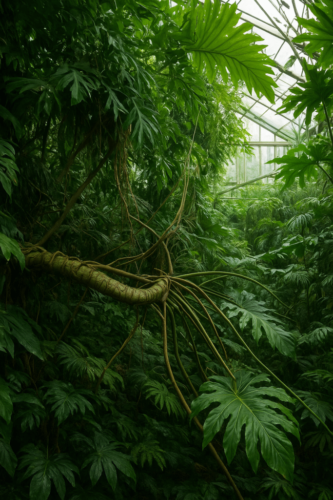 High-resolution photo of a climbing philodendron with aerial roots in a dense tropical greenhouse”